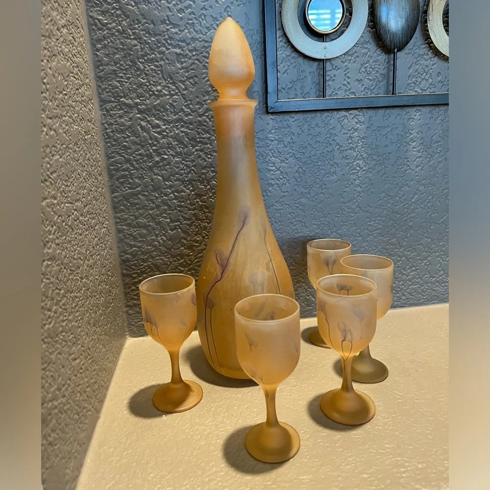 Vintage 7 Pc Rueven Nouveau Art Glass Frosted Wine Water Decanter & glasses - Picture 5 of 8